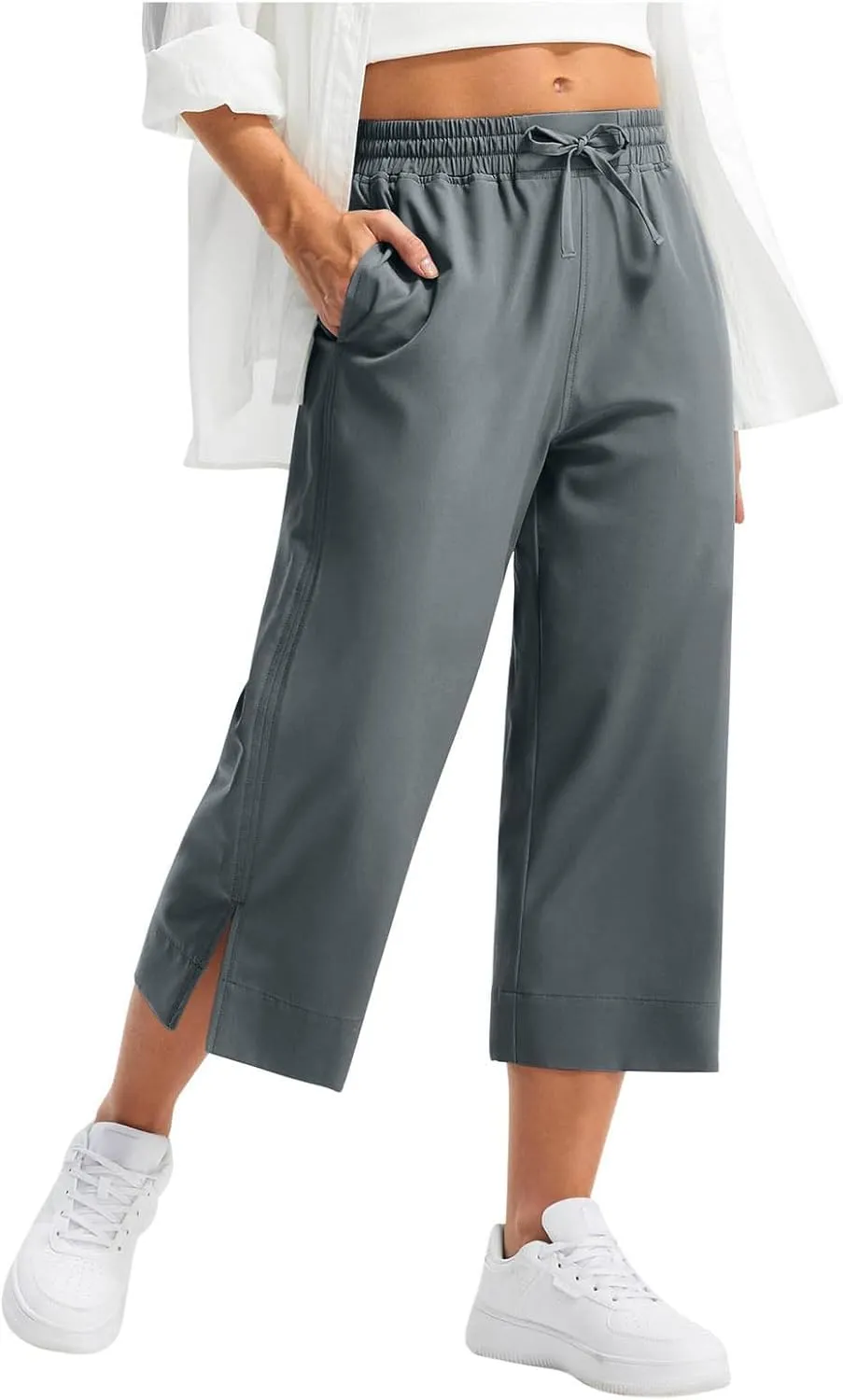 Wide Leg Capri Pants for Women Elastic High Waist Straight Leg Palazzo Trousers Summer Beach Vacation Lounge Pants