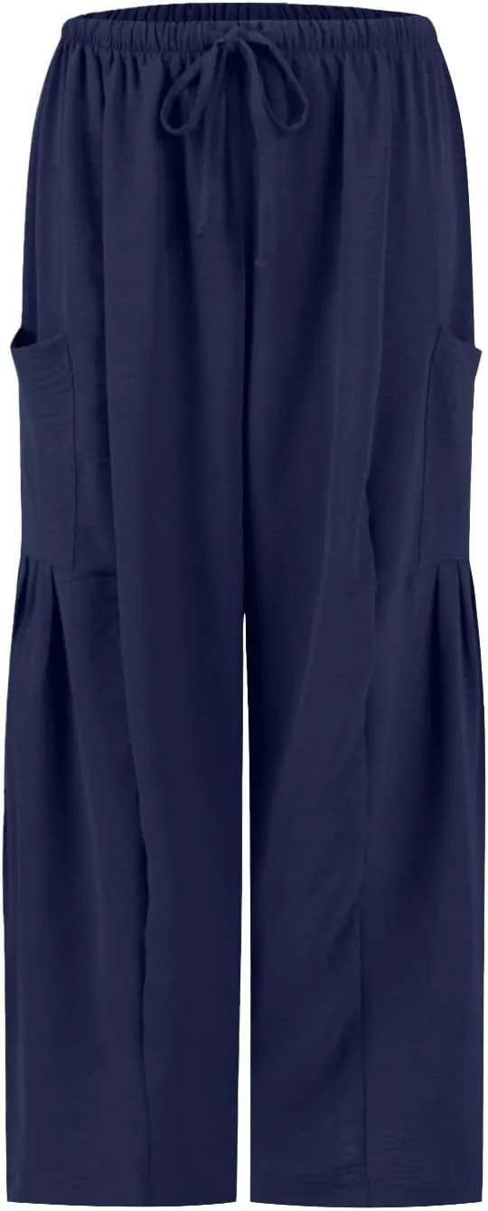 Wide Leg Capri Pants for Women Elastic Waist Casual Loose Summer Capris Beach Travel Vacation Palazzo Harem Pants