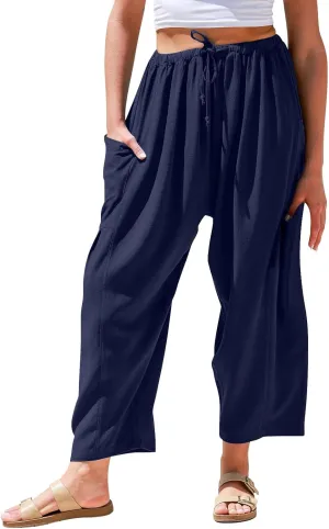 Wide Leg Capri Pants for Women Elastic Waist Casual Loose Summer Capris Beach Travel Vacation Palazzo Harem Pants