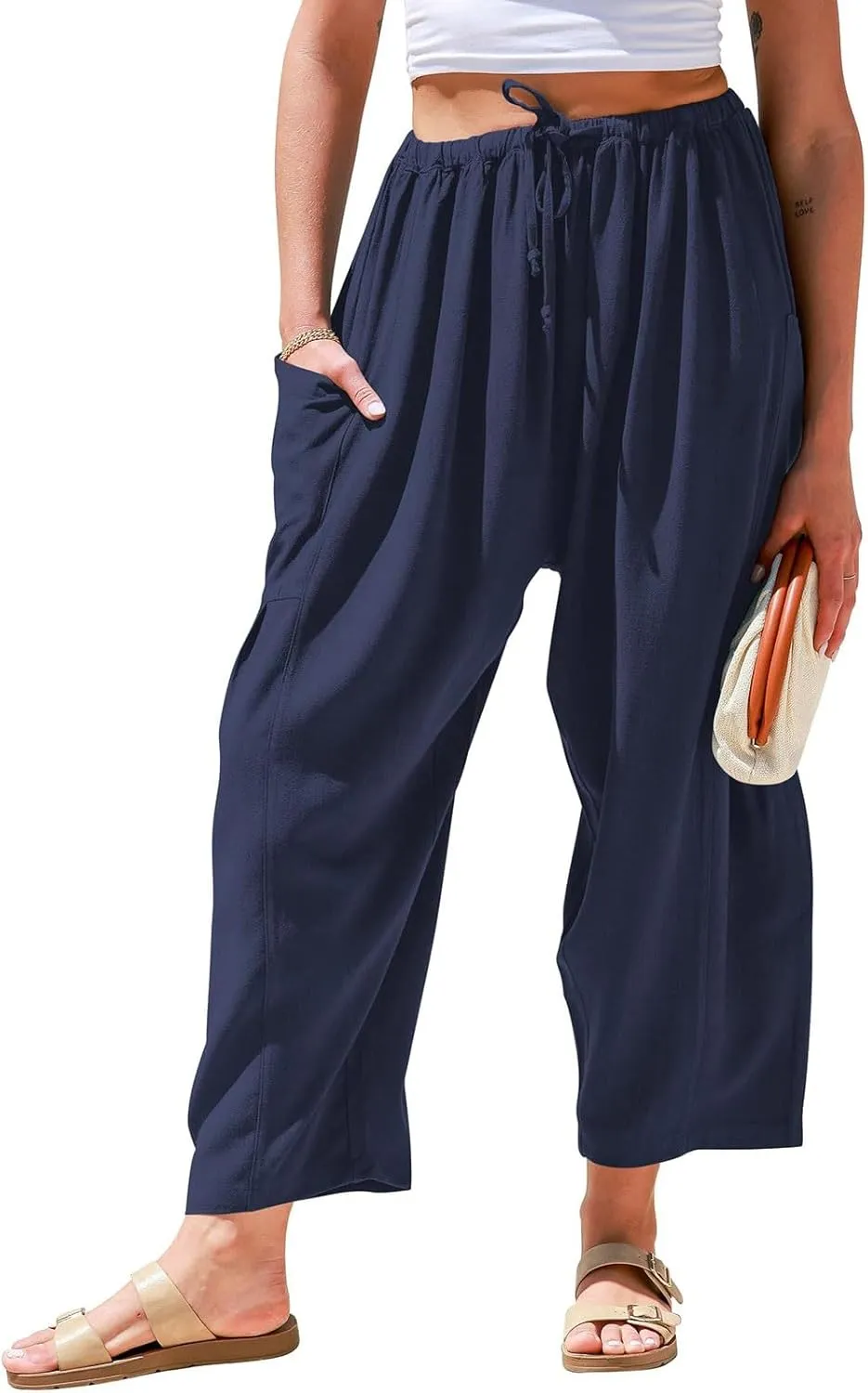 Wide Leg Capri Pants for Women Elastic Waist Casual Loose Summer Capris Beach Travel Vacation Palazzo Harem Pants