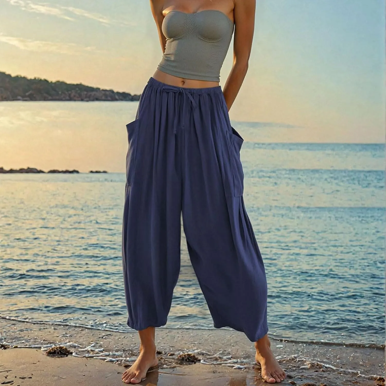 Wide Leg Capri Pants for Women Elastic Waist Casual Loose Summer Capris Beach Travel Vacation Palazzo Harem Pants