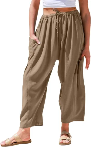 Wide Leg Capri Pants for Women Elastic Waist Casual Loose Summer Capris Beach Travel Vacation Palazzo Harem Pants