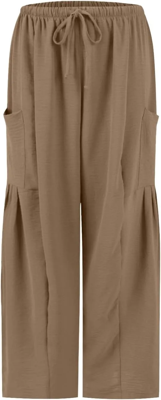 Wide Leg Capri Pants for Women Elastic Waist Casual Loose Summer Capris Beach Travel Vacation Palazzo Harem Pants