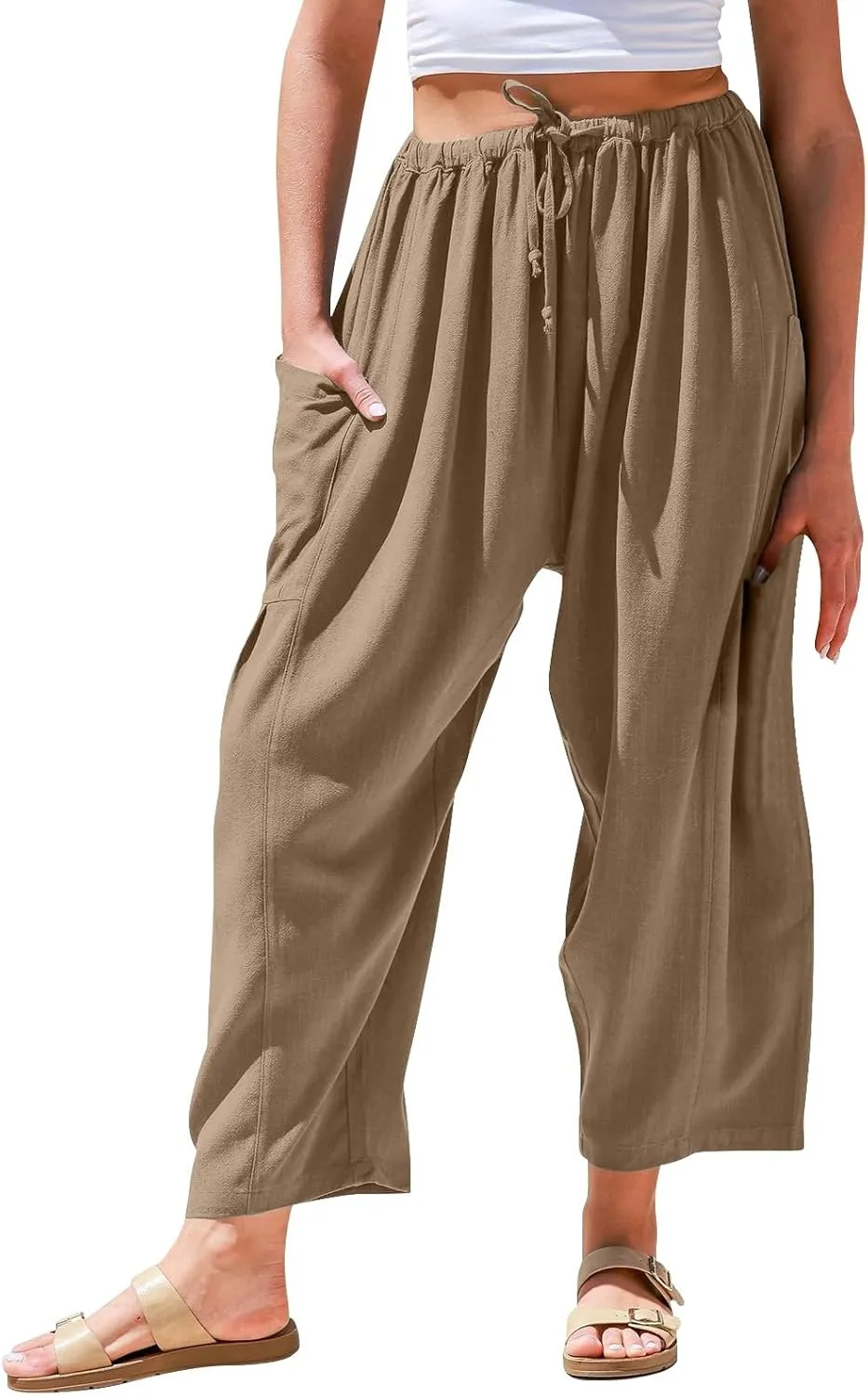 Wide Leg Capri Pants for Women Elastic Waist Casual Loose Summer Capris Beach Travel Vacation Palazzo Harem Pants