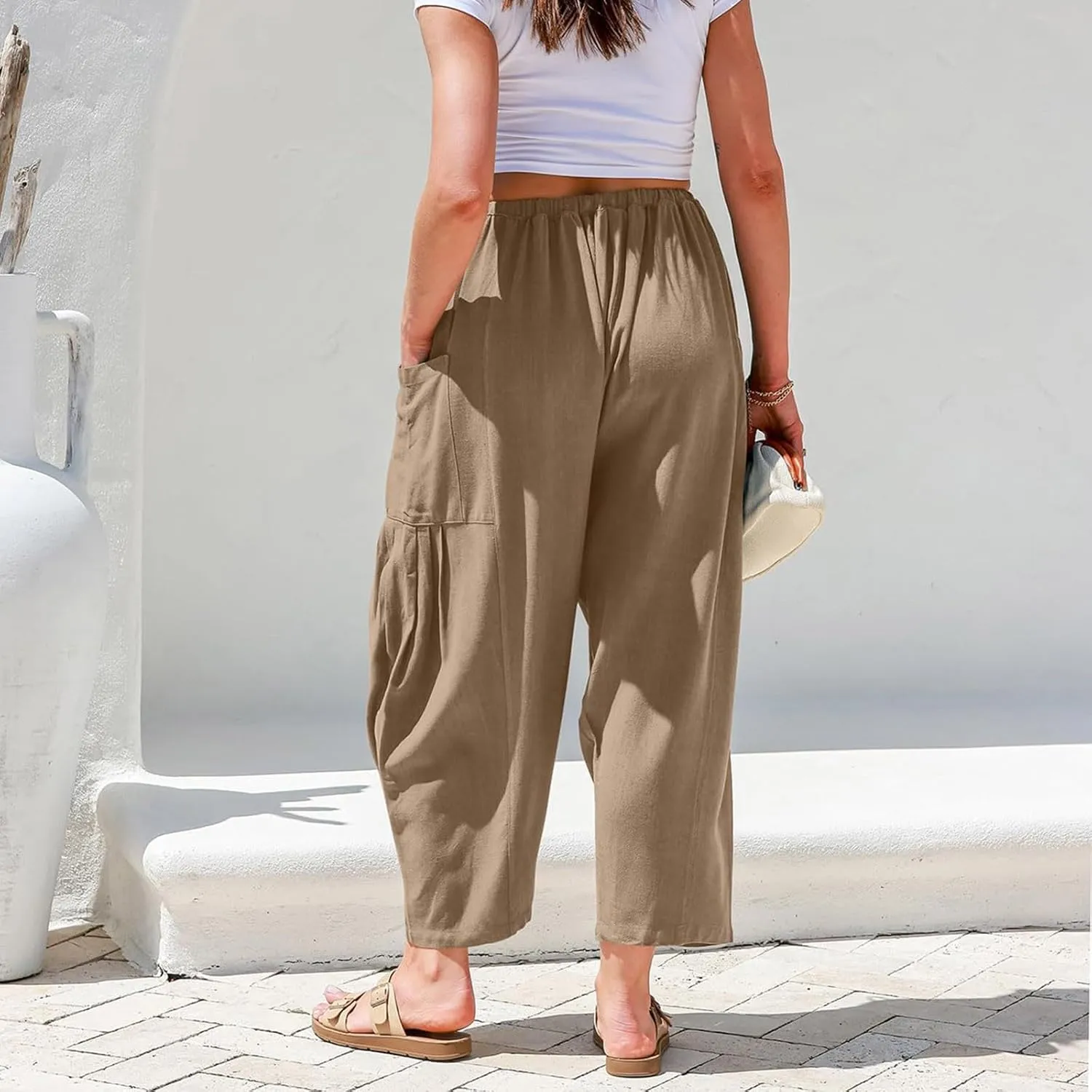 Wide Leg Capri Pants for Women Elastic Waist Casual Loose Summer Capris Beach Travel Vacation Palazzo Harem Pants