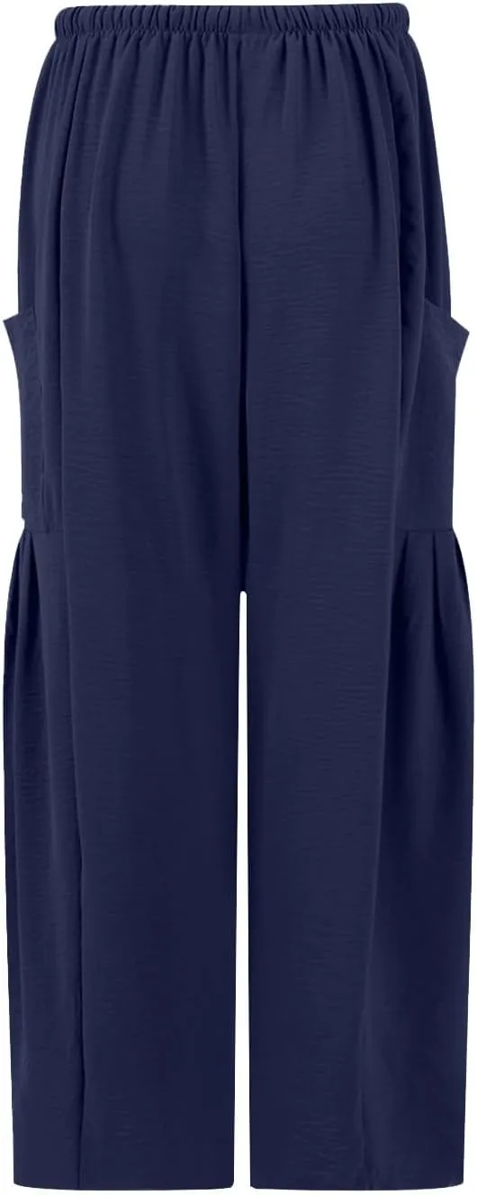 Wide Leg Capri Pants for Women Elastic Waist Casual Loose Summer Capris Beach Travel Vacation Palazzo Harem Pants