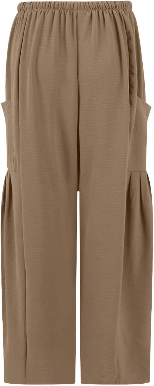 Wide Leg Capri Pants for Women Elastic Waist Casual Loose Summer Capris Beach Travel Vacation Palazzo Harem Pants