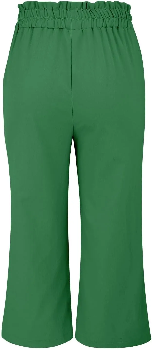 Wide Leg Capri Pants for Women High Waisted Adjustable Bow Tie Palazzo Pants Dressy Casual Flowy Capris with Pockets