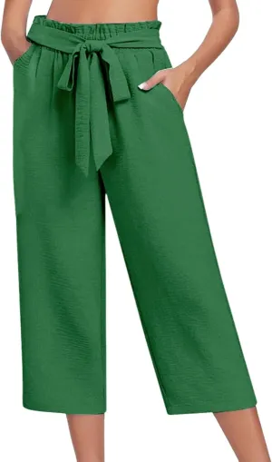 Wide Leg Capri Pants for Women High Waisted Adjustable Bow Tie Palazzo Pants Dressy Casual Flowy Capris with Pockets