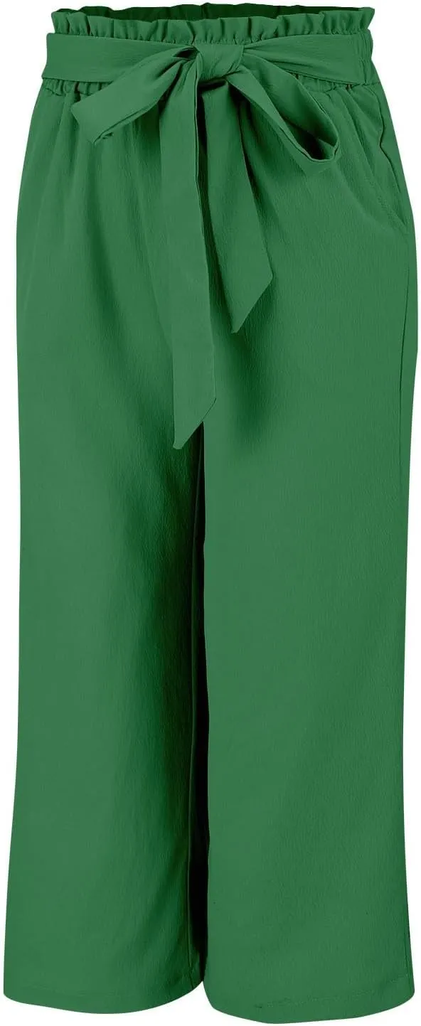 Wide Leg Capri Pants for Women High Waisted Adjustable Bow Tie Palazzo Pants Dressy Casual Flowy Capris with Pockets