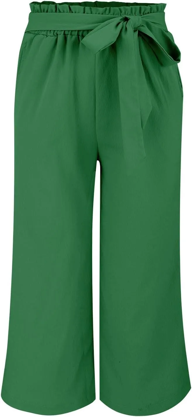 Wide Leg Capri Pants for Women High Waisted Adjustable Bow Tie Palazzo Pants Dressy Casual Flowy Capris with Pockets