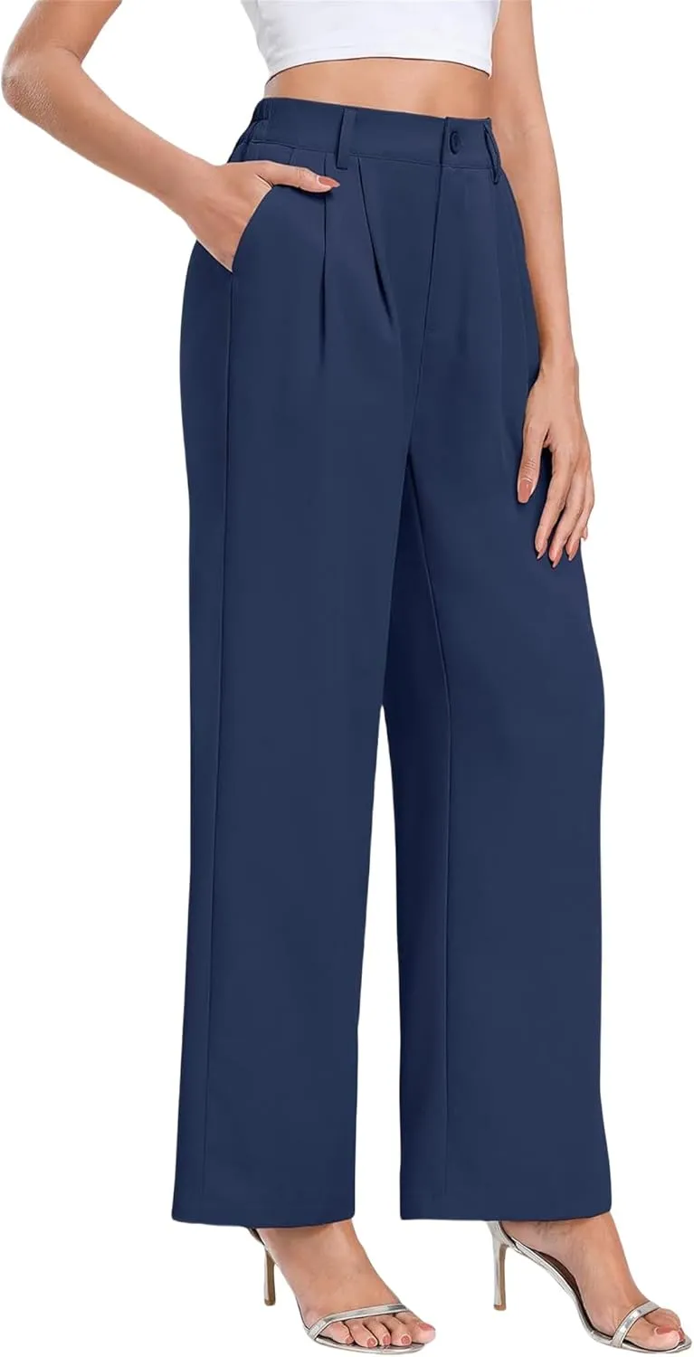 Wide Leg Pants for Women Dressy High Waist Palazzo Pants Solid Loose Work Office Business Suit Pant with Pockets