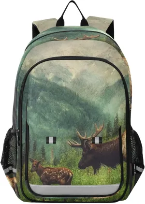Wild Elk Nature Calf Backpack Travel Laptop Daypack Shoulder Bag Book Bag Daypack with Reflective Strip 12.9 ×17.7 In