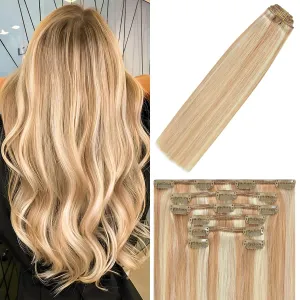 WindTouch Clip in Hair Extensions Human Hair Balayage Reddish Brown to Blonde Highlights for Blonde 12Inch 75g #12P613 7PCS