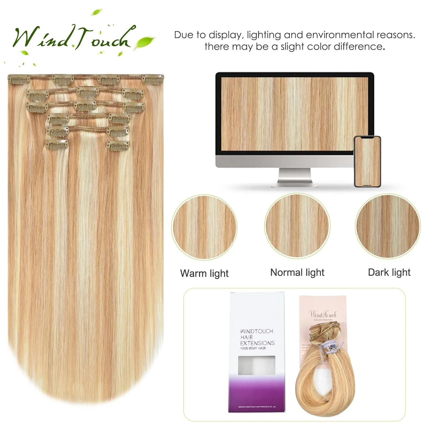 WindTouch Clip in Hair Extensions Human Hair Balayage Reddish Brown to Blonde Highlights for Blonde 12Inch 75g #12P613 7PCS