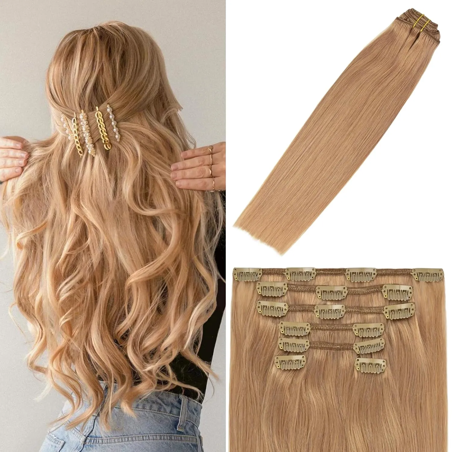 WindTouch Clip In Hair Extensions Real Human Hair Blonde Clip in Hair Extensions 18Inch 7pcs 75g #12 Reddish Blonde Extensions Real Human Hair