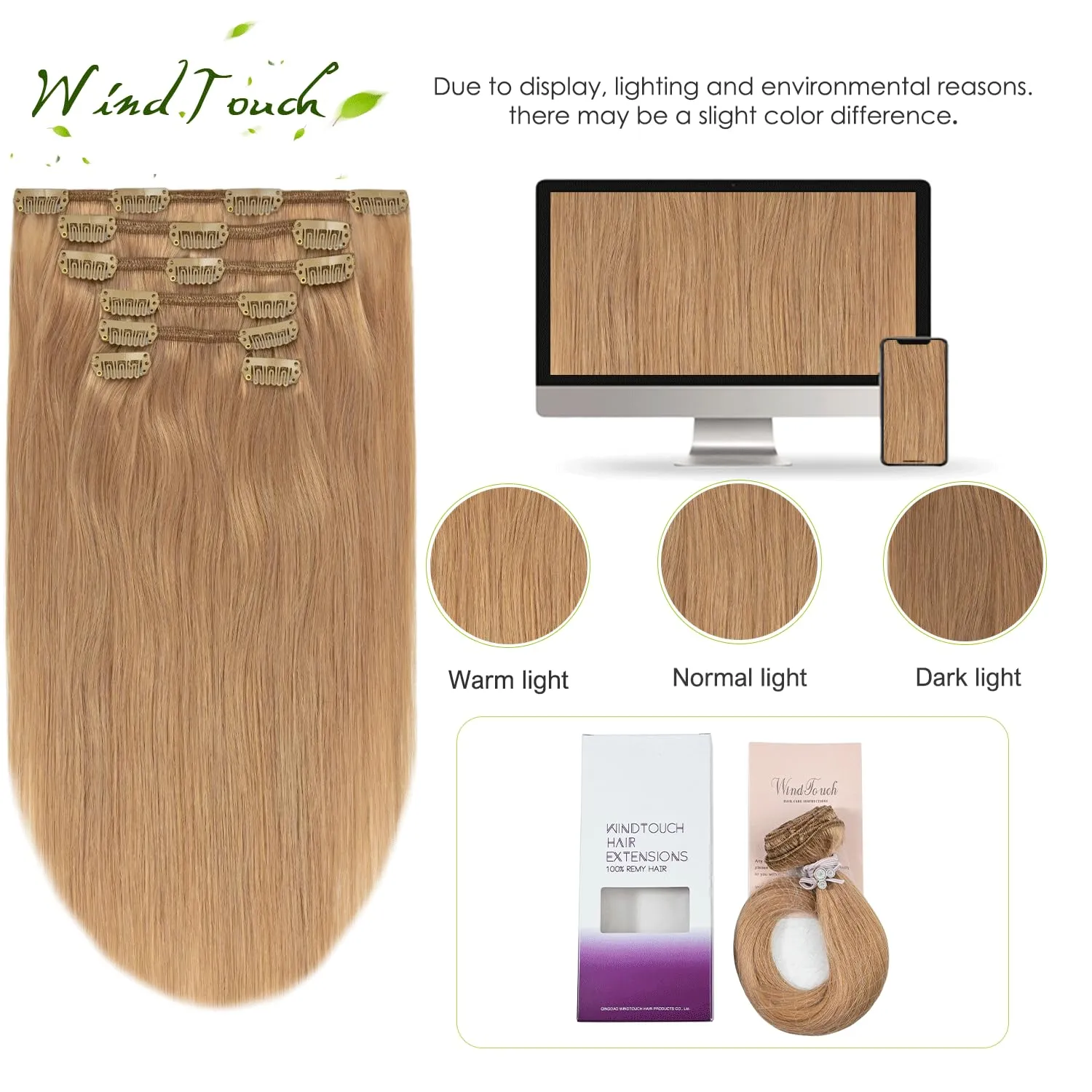 WindTouch Clip In Hair Extensions Real Human Hair Blonde Clip in Hair Extensions 18Inch 7pcs 75g #12 Reddish Blonde Extensions Real Human Hair