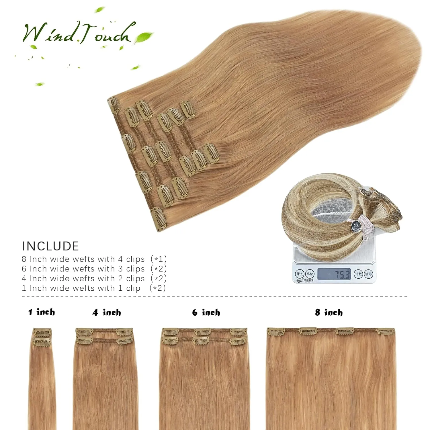 WindTouch Clip In Hair Extensions Real Human Hair Blonde Clip in Hair Extensions 18Inch 7pcs 75g #12 Reddish Blonde Extensions Real Human Hair