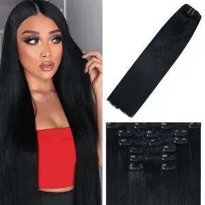 WindTouch Clip In Hair Extensions Real Human Hair Jet Black Hair Extensions 18Inch 75g #1 7PCS Clip Ins Real Human Hair Black Women