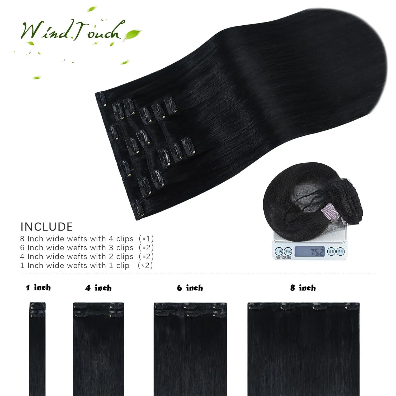 WindTouch Clip In Hair Extensions Real Human Hair Jet Black Hair Extensions 18Inch 75g #1 7PCS Clip Ins Real Human Hair Black Women