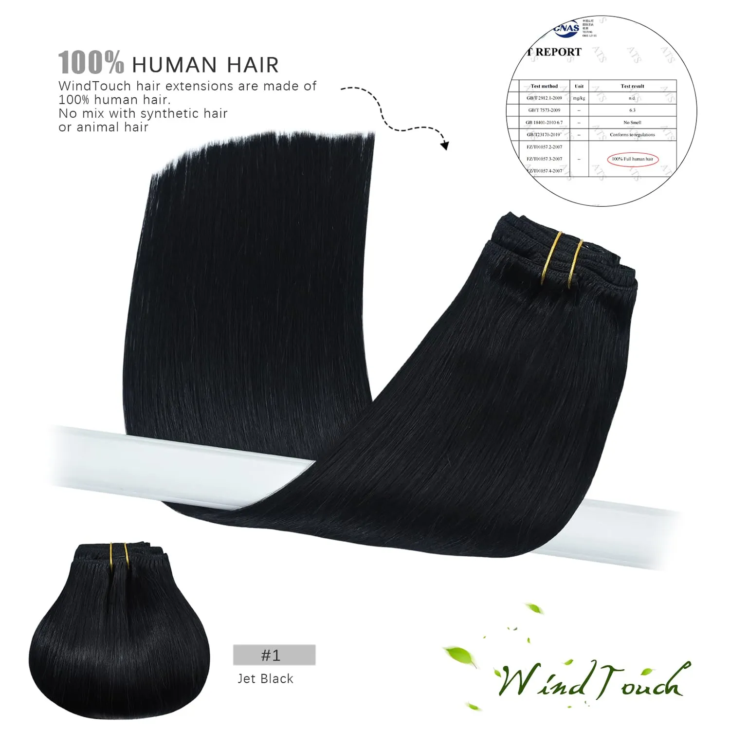 WindTouch Clip In Hair Extensions Real Human Hair Jet Black Hair Extensions 18Inch 75g #1 7PCS Clip Ins Real Human Hair Black Women