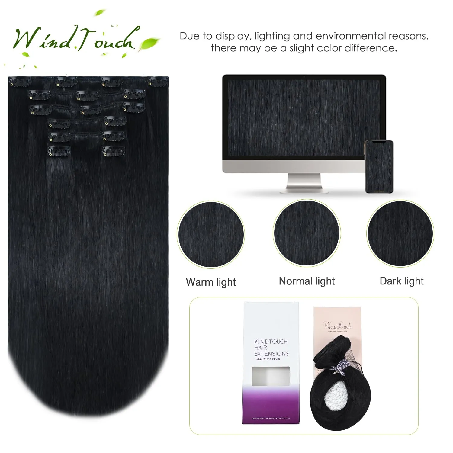 WindTouch Clip In Hair Extensions Real Human Hair Jet Black Hair Extensions 18Inch 75g #1 7PCS Clip Ins Real Human Hair Black Women