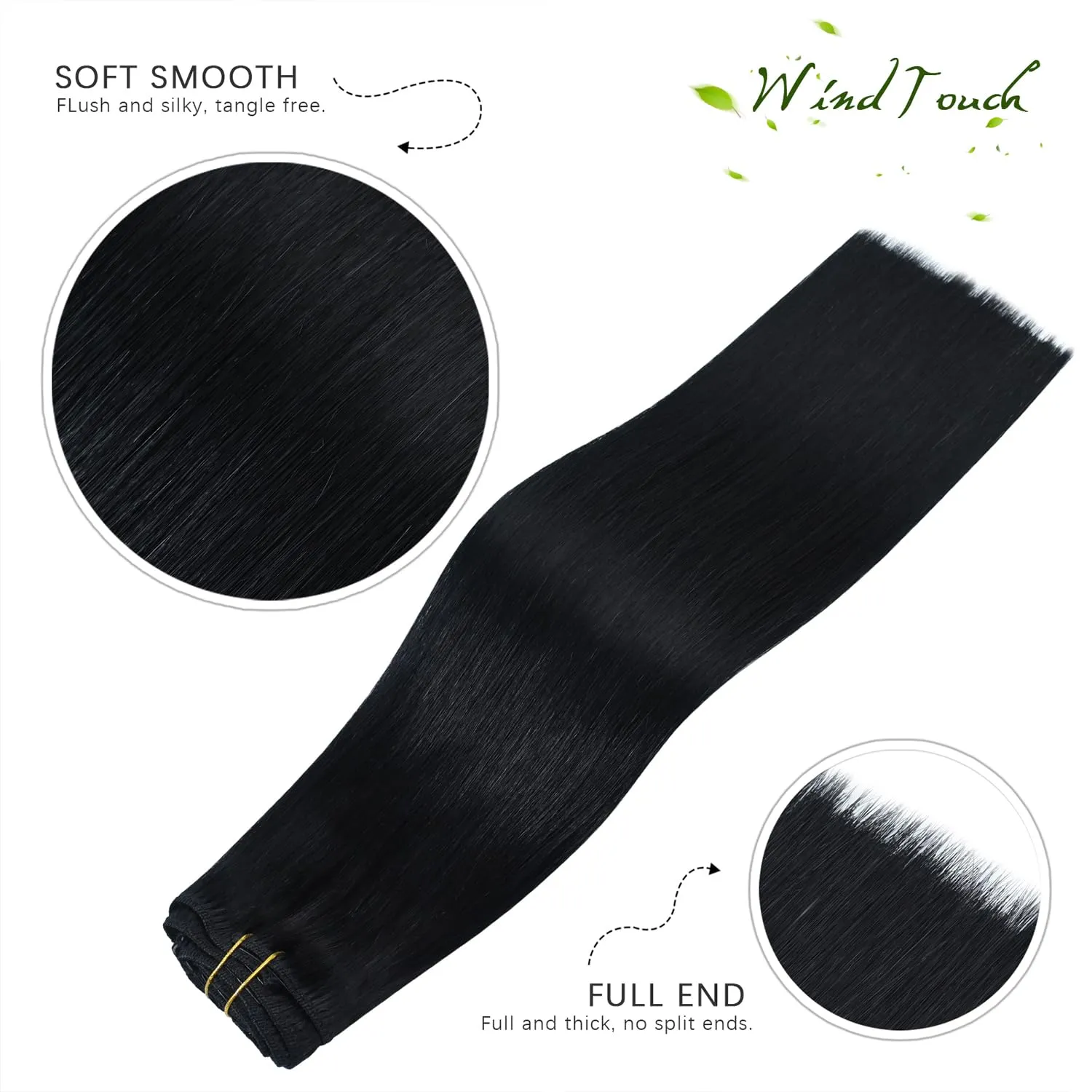 WindTouch Clip In Hair Extensions Real Human Hair Jet Black Hair Extensions 18Inch 75g #1 7PCS Clip Ins Real Human Hair Black Women