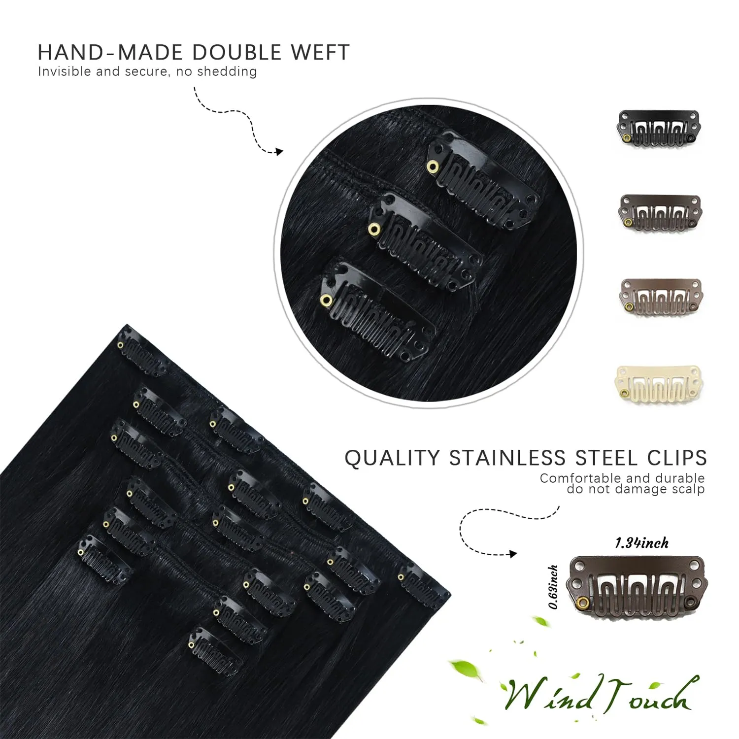 WindTouch Clip In Hair Extensions Real Human Hair Jet Black Hair Extensions 18Inch 75g #1 7PCS Clip Ins Real Human Hair Black Women