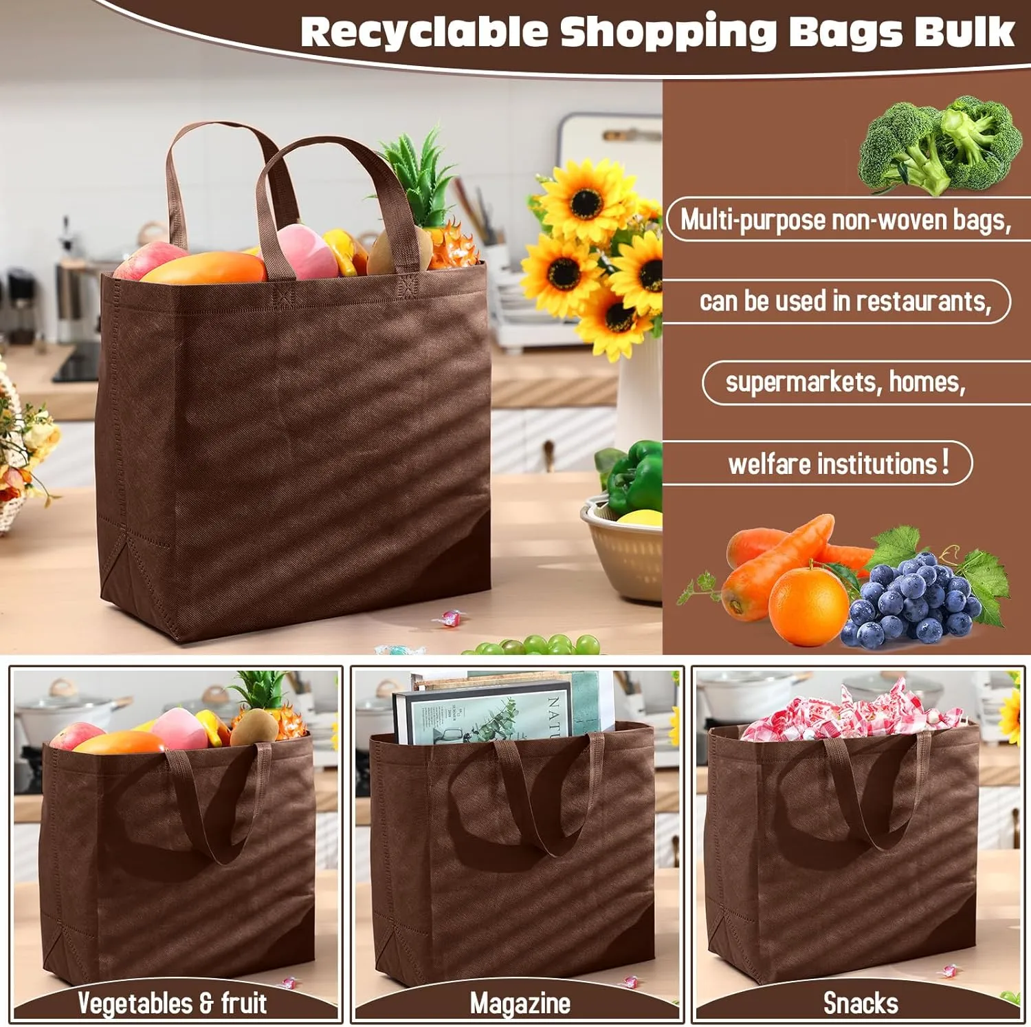 Windyun 200 Pcs Reusable Grocery Bags Large Non Woven Shopping Bags Foldable Portable Tote Carryall Bulk(Brown)
