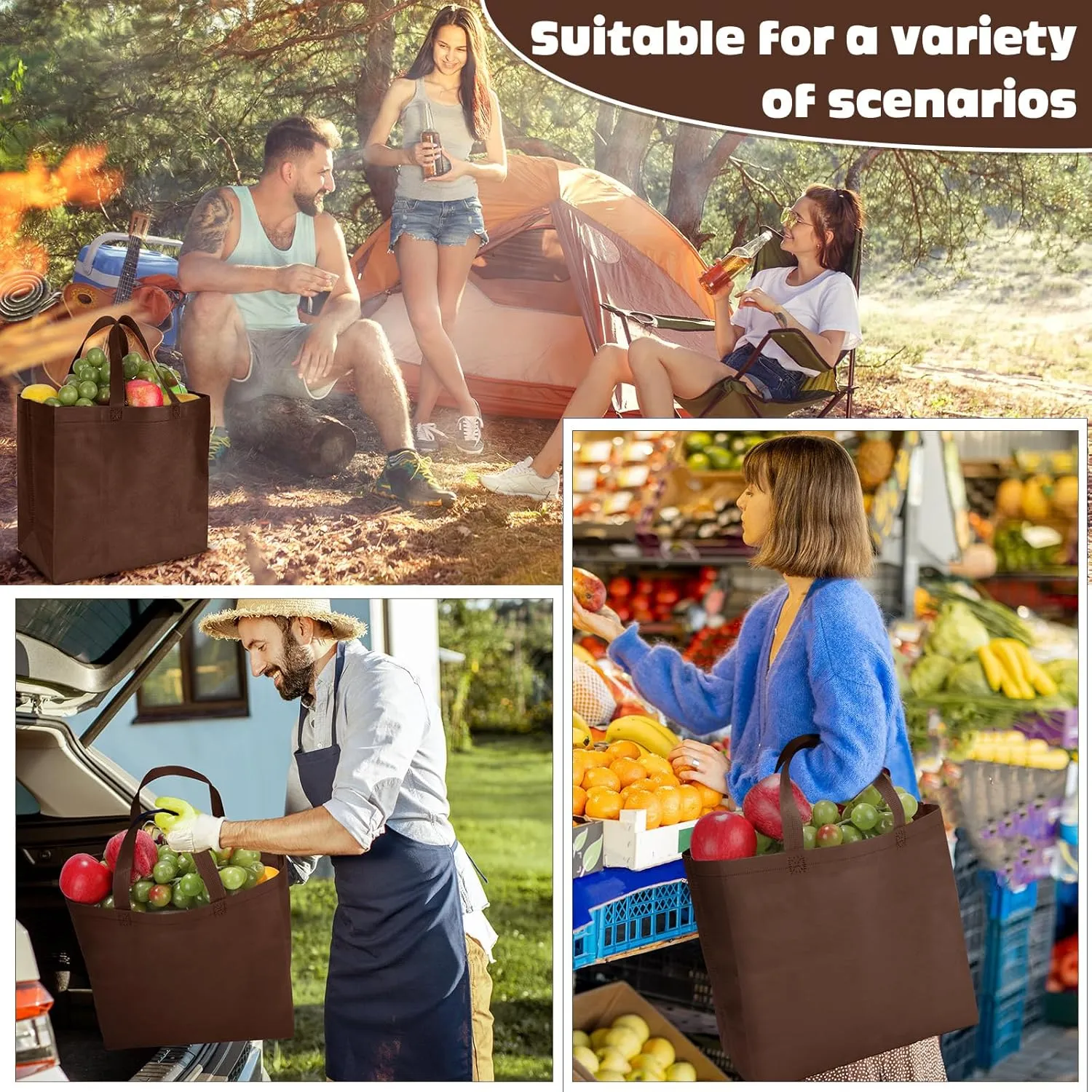 Windyun 200 Pcs Reusable Grocery Bags Large Non Woven Shopping Bags Foldable Portable Tote Carryall Bulk(Brown)