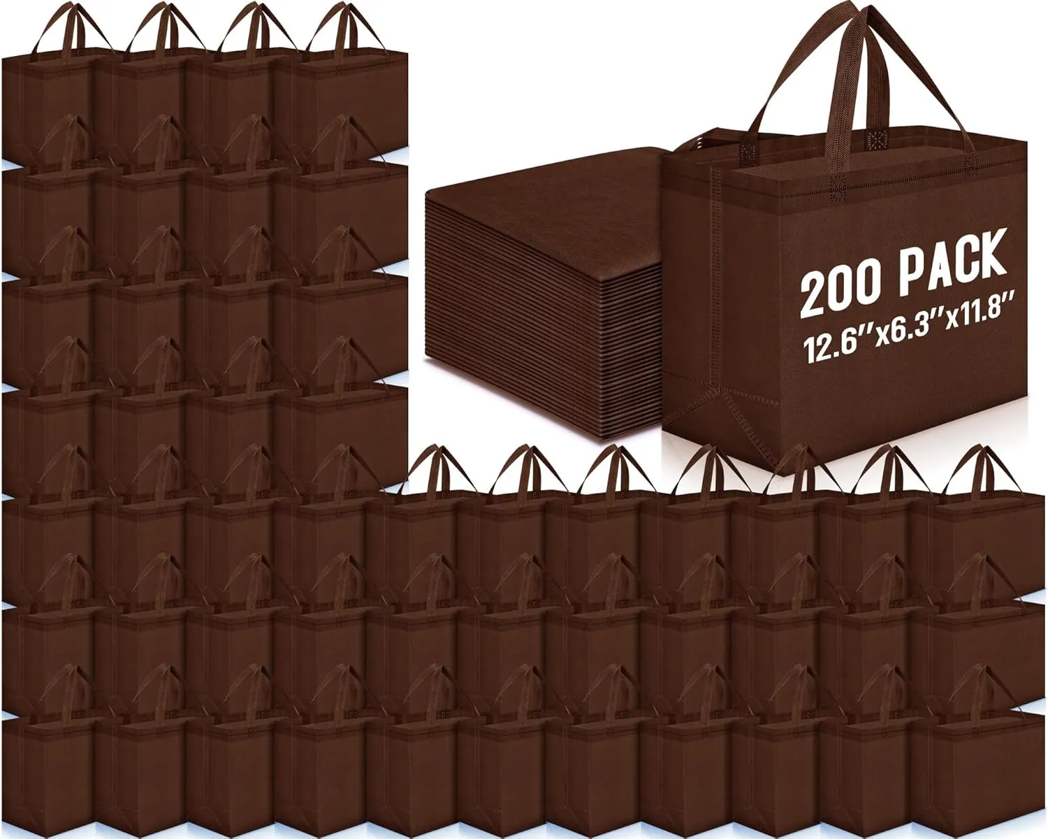 Windyun 200 Pcs Reusable Grocery Bags Large Non Woven Shopping Bags Foldable Portable Tote Carryall Bulk(Brown)