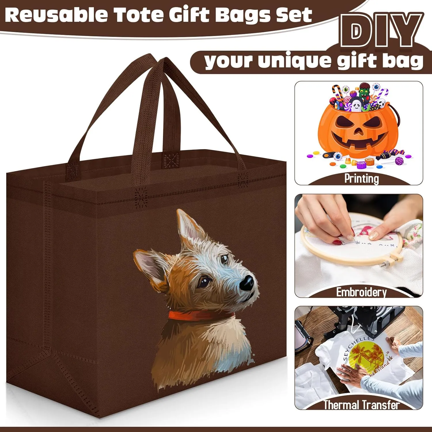 Windyun 200 Pcs Reusable Grocery Bags Large Non Woven Shopping Bags Foldable Portable Tote Carryall Bulk(Brown)
