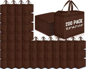 Windyun 200 Pcs Reusable Grocery Bags Large Non Woven Shopping Bags Foldable Portable Tote Carryall Bulk(Brown)