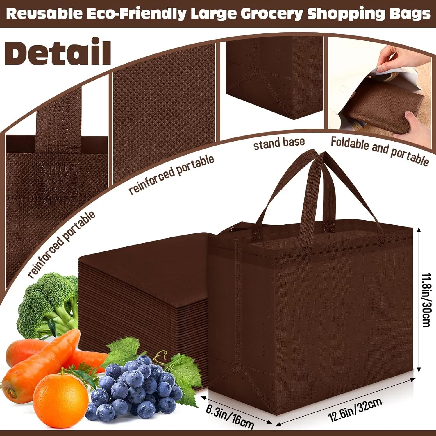 Windyun 200 Pcs Reusable Grocery Bags Large Non Woven Shopping Bags Foldable Portable Tote Carryall Bulk(Brown)