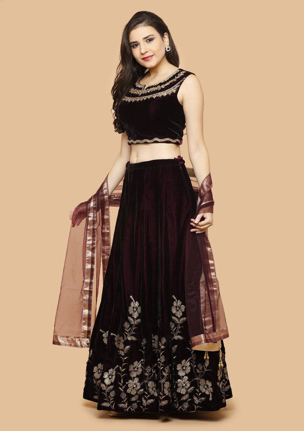 Wine and Maroon Embellished Velvet Readymade Lehenga