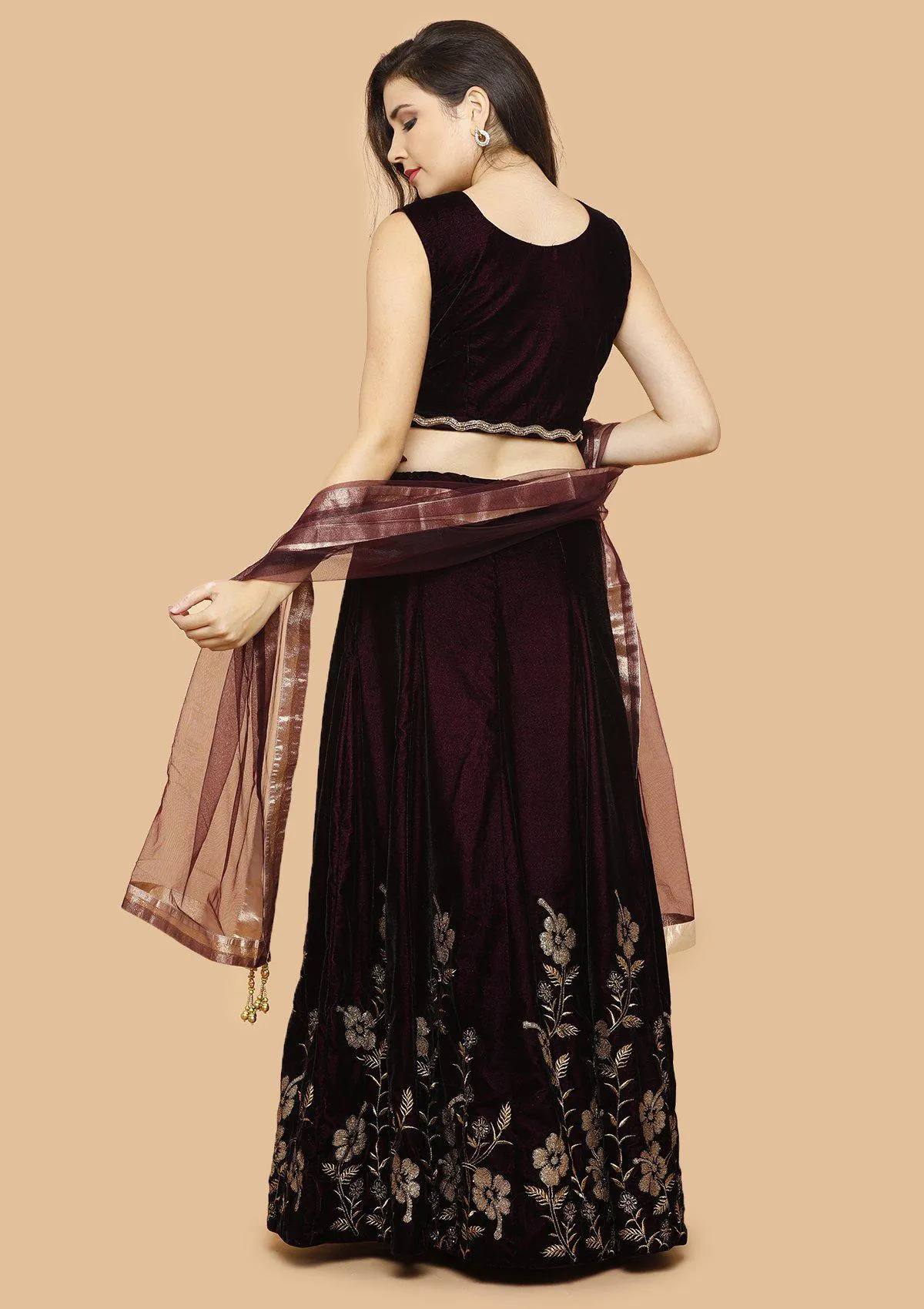 Wine and Maroon Embellished Velvet Readymade Lehenga