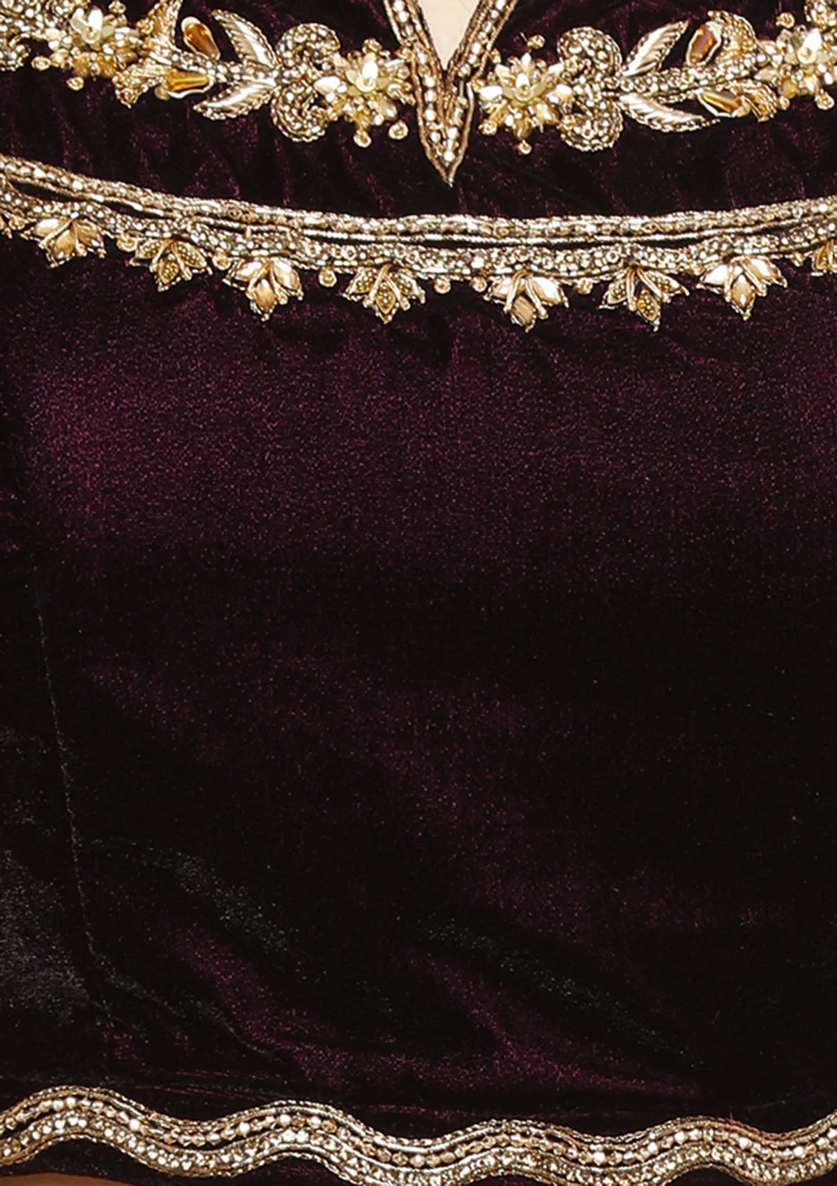 Wine and Maroon Embellished Velvet Readymade Lehenga
