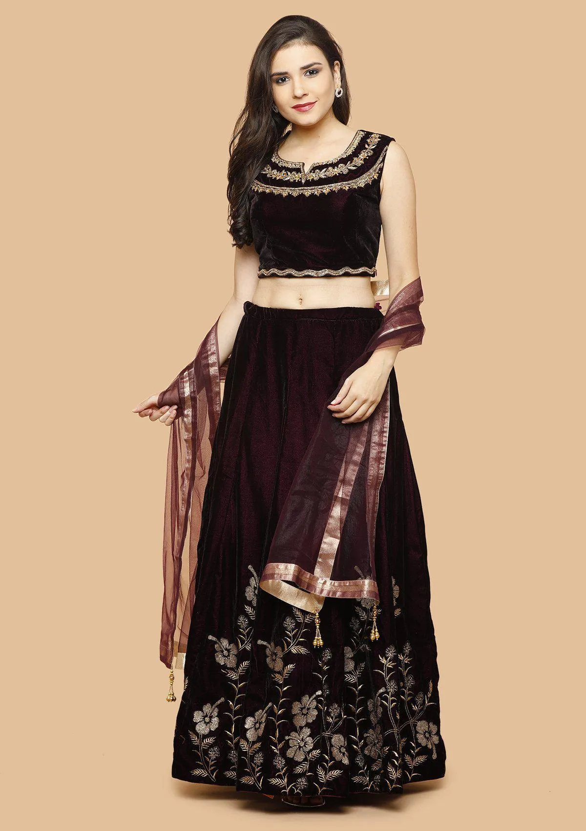 Wine and Maroon Embellished Velvet Readymade Lehenga
