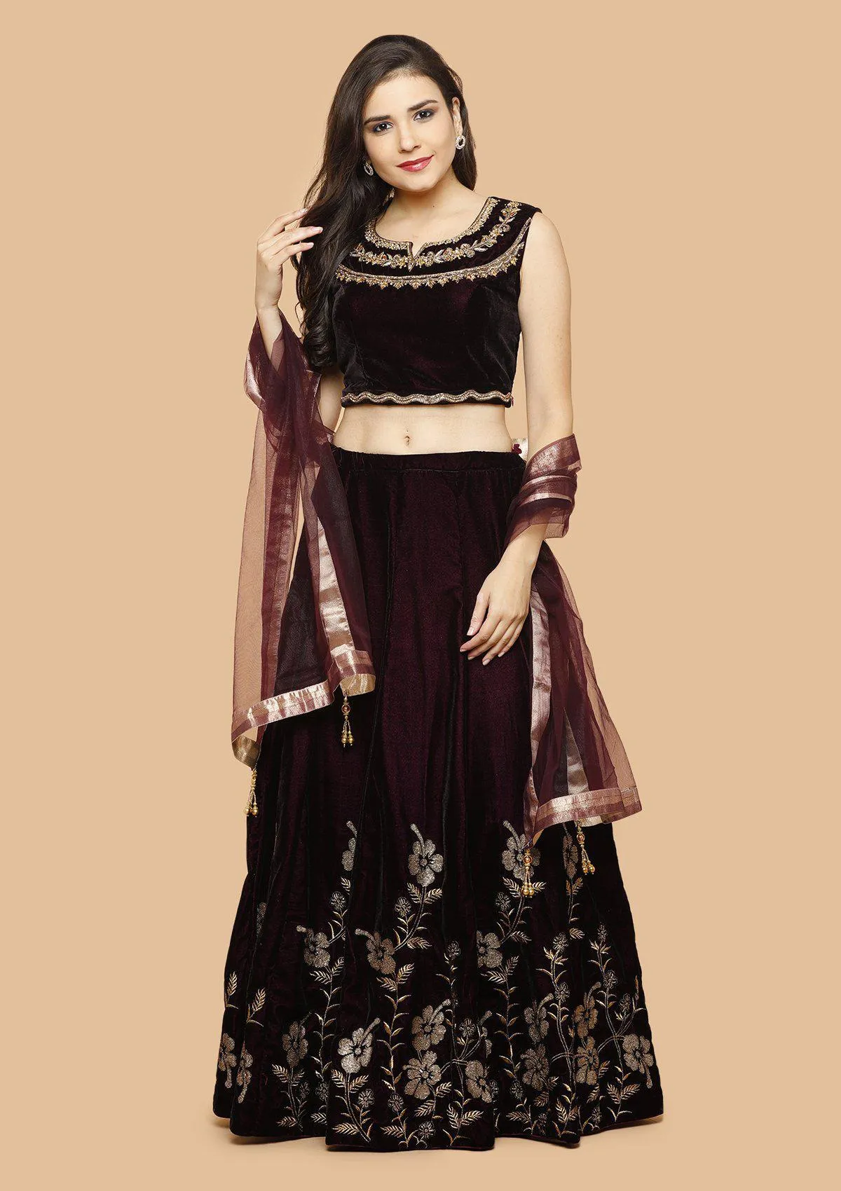 Wine and Maroon Embellished Velvet Readymade Lehenga