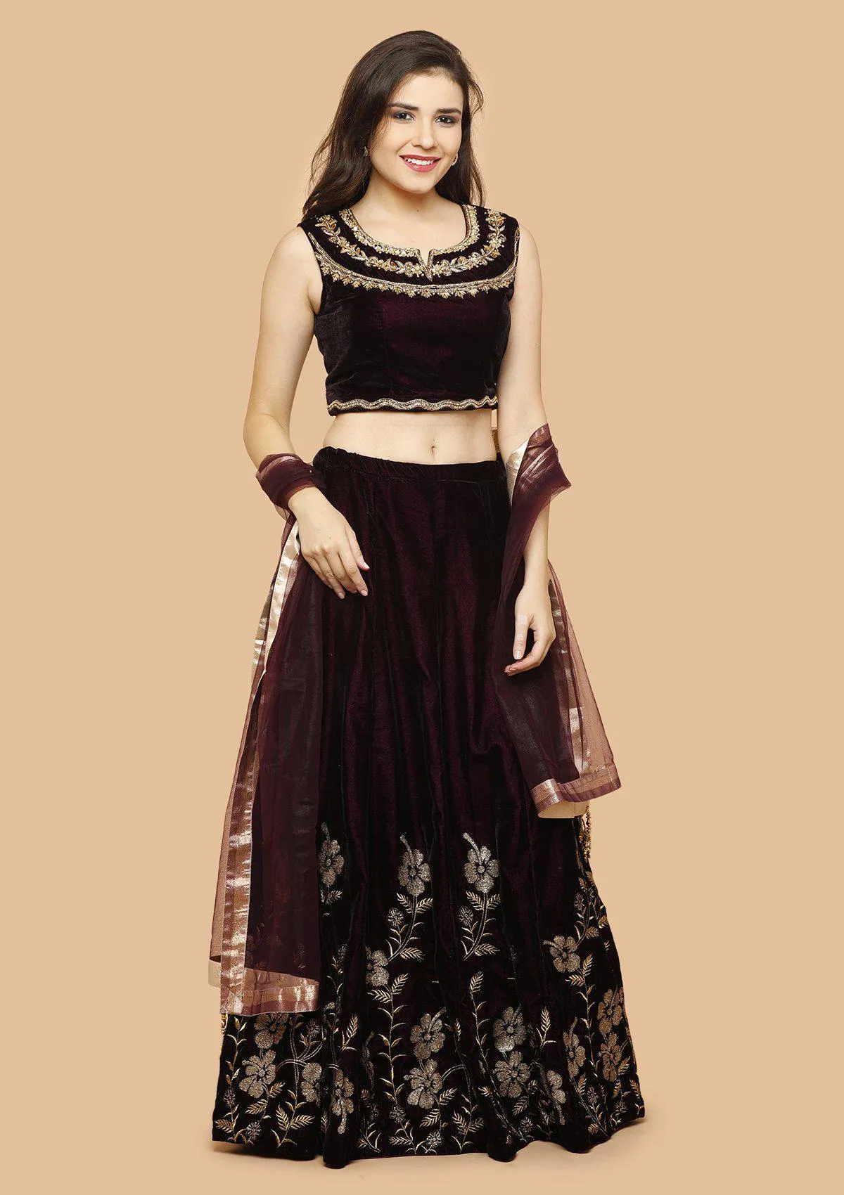 Wine and Maroon Embellished Velvet Readymade Lehenga