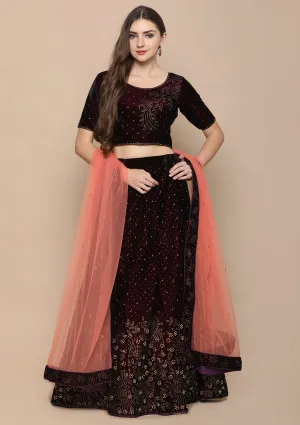 Wine Red Stone Work Velvet Semi Stitched Lehenga