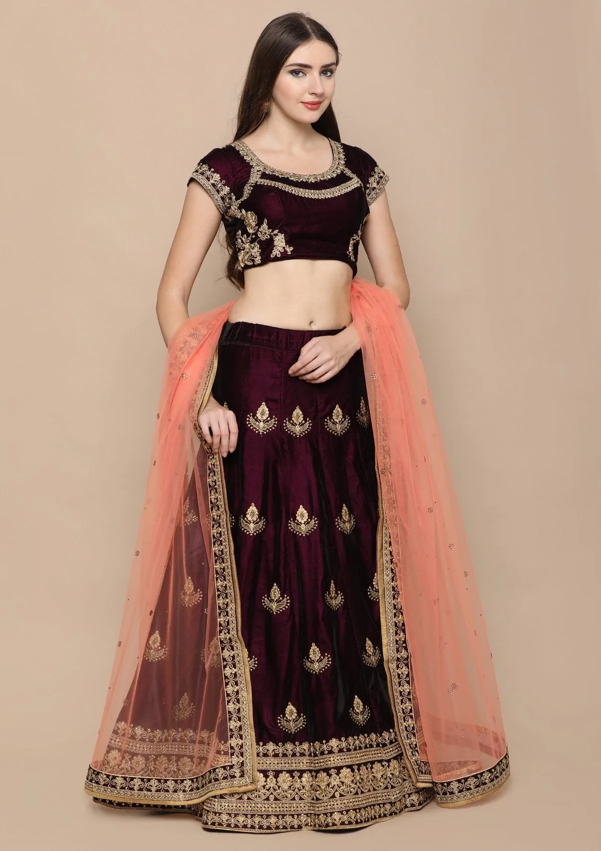 Wine Red Stone Work Velvet Semi Stitched Lehenga