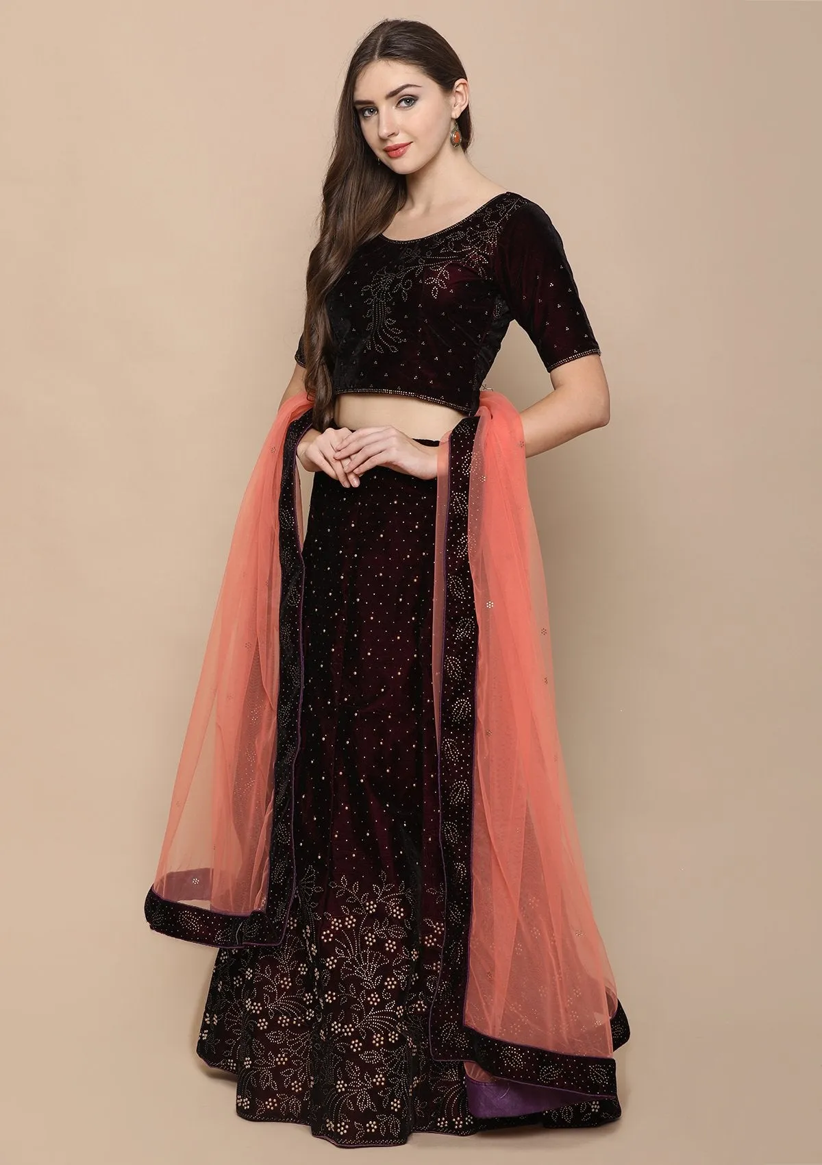 Wine Red Stone Work Velvet Semi Stitched Lehenga