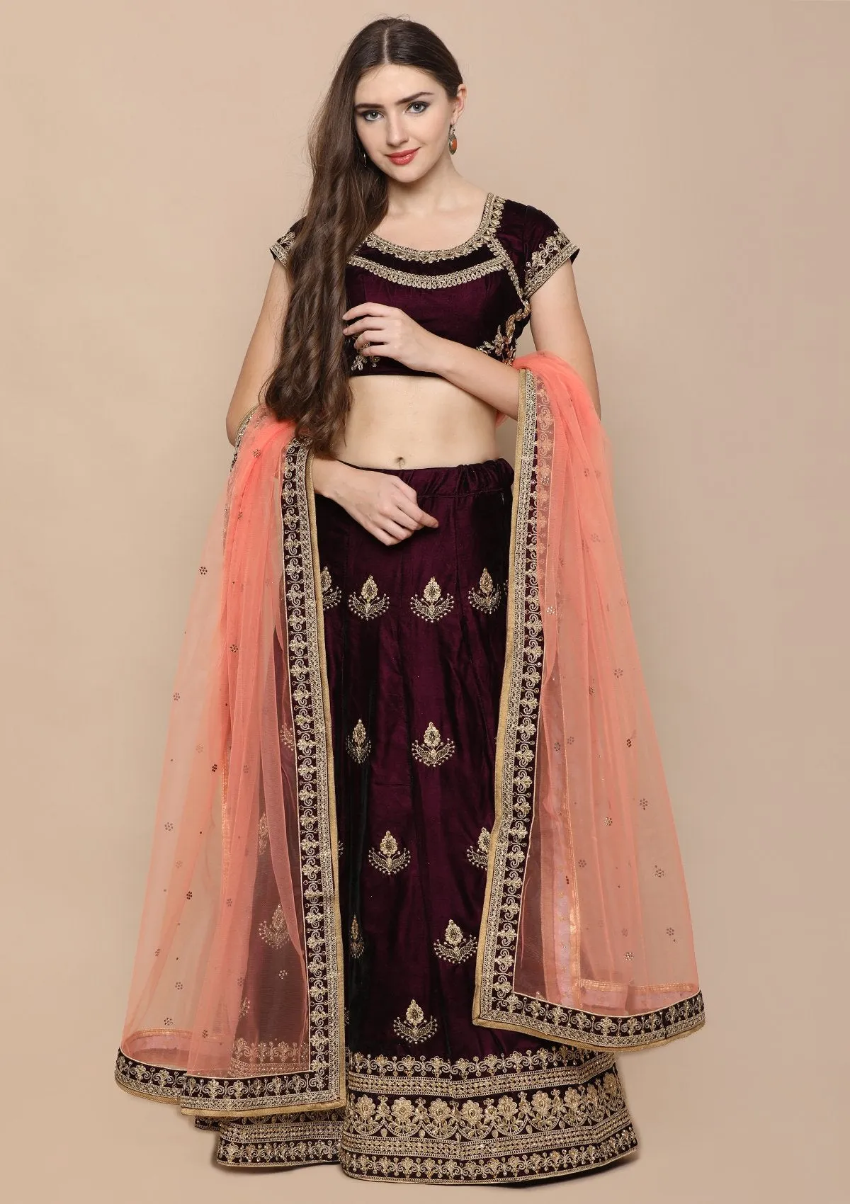 Wine Red Stone Work Velvet Semi Stitched Lehenga