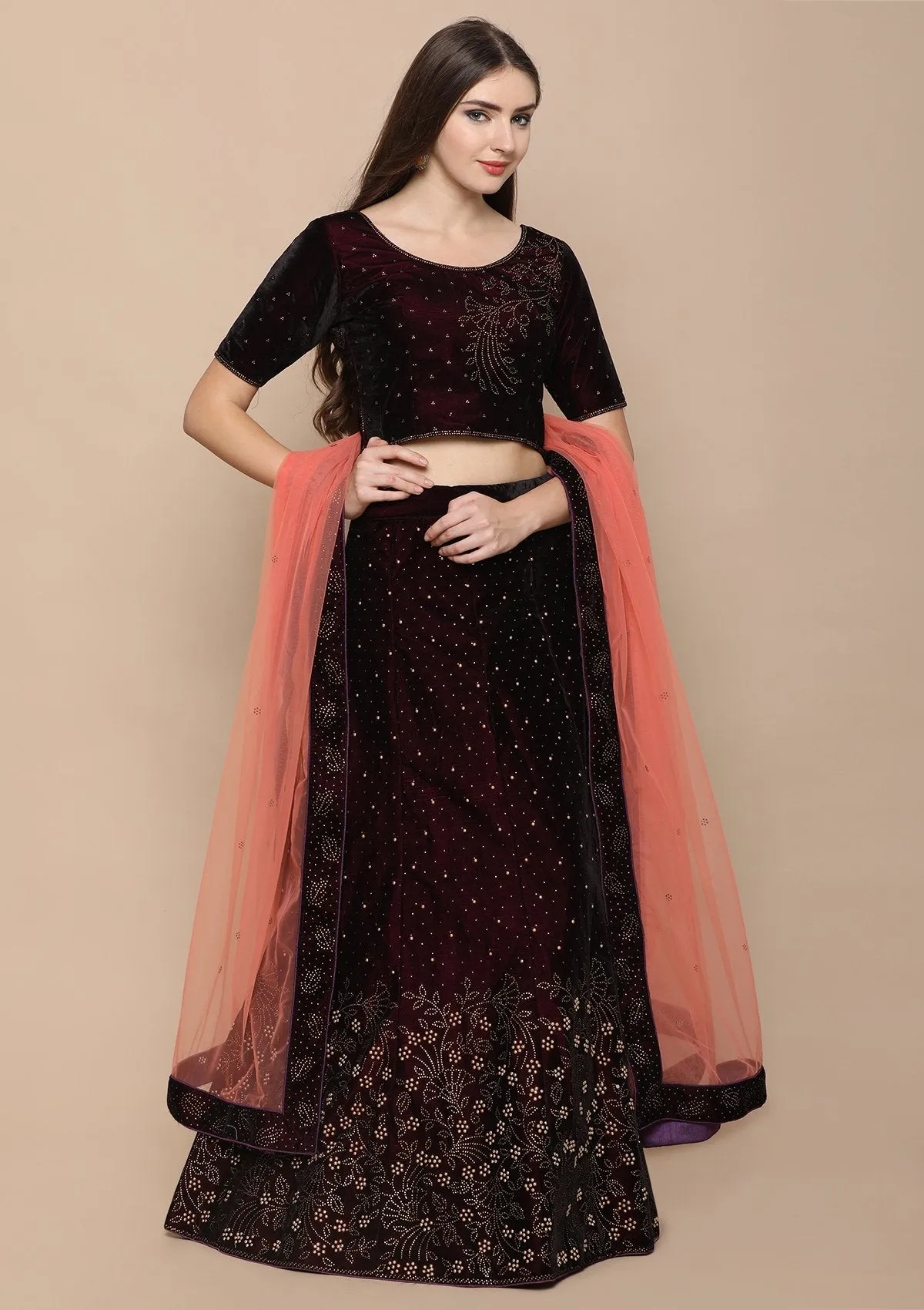 Wine Red Stone Work Velvet Semi Stitched Lehenga