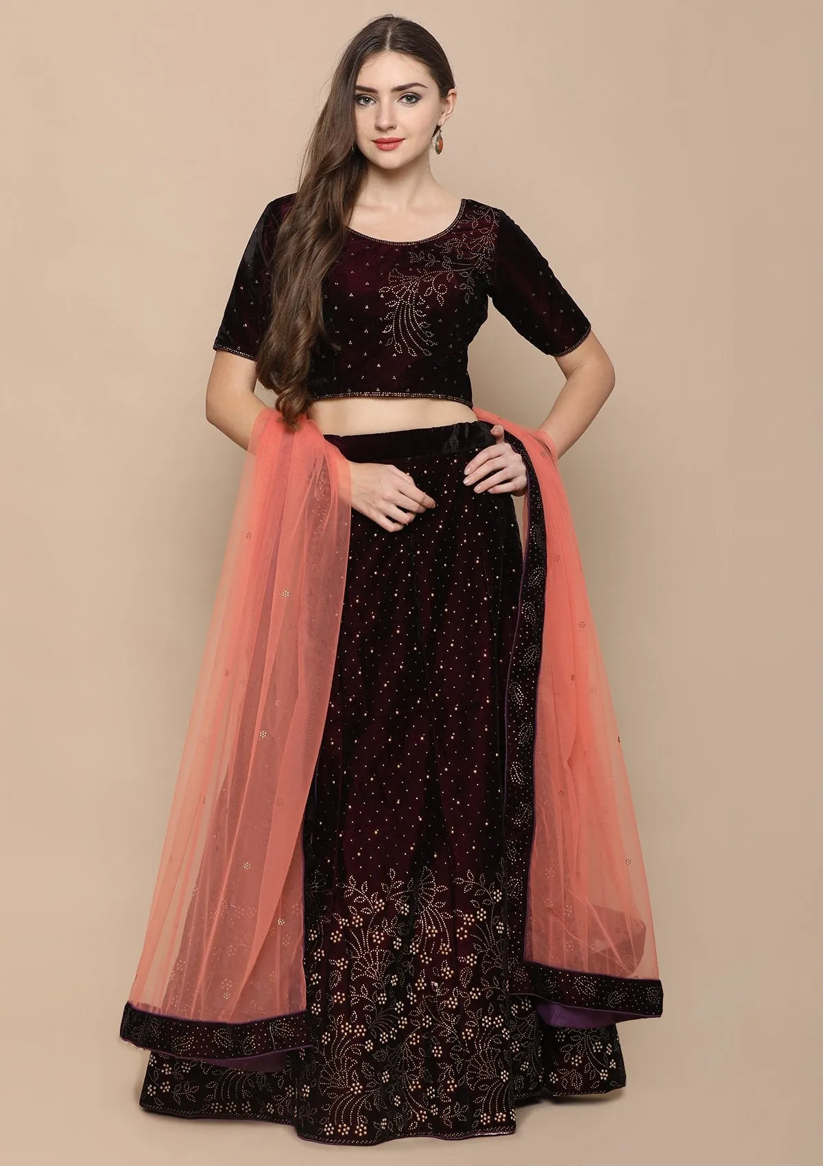 Wine Red Stone Work Velvet Semi Stitched Lehenga