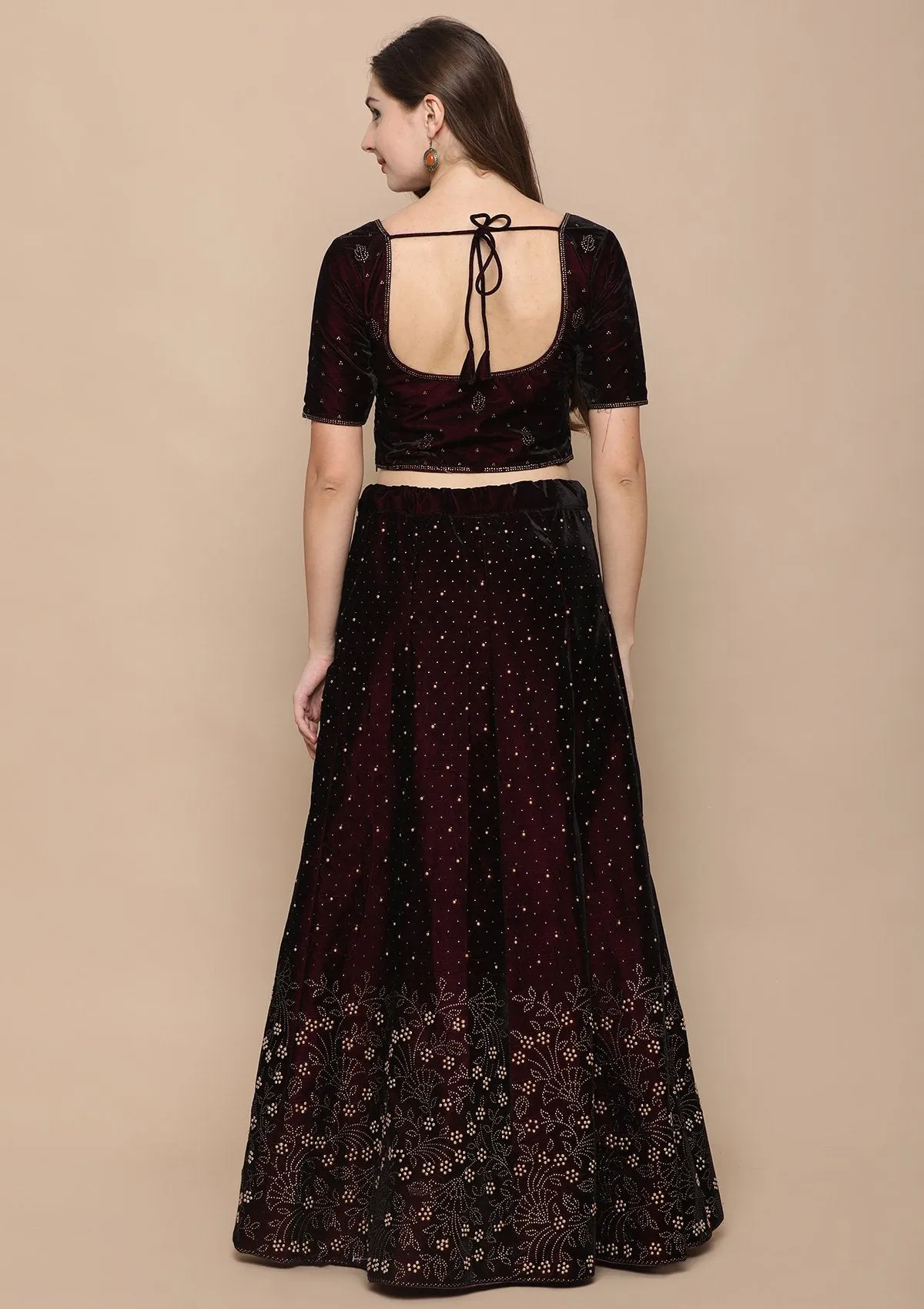 Wine Red Stone Work Velvet Semi Stitched Lehenga