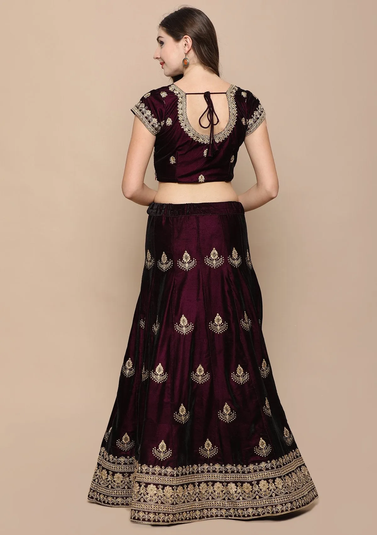 Wine Red Stone Work Velvet Semi Stitched Lehenga