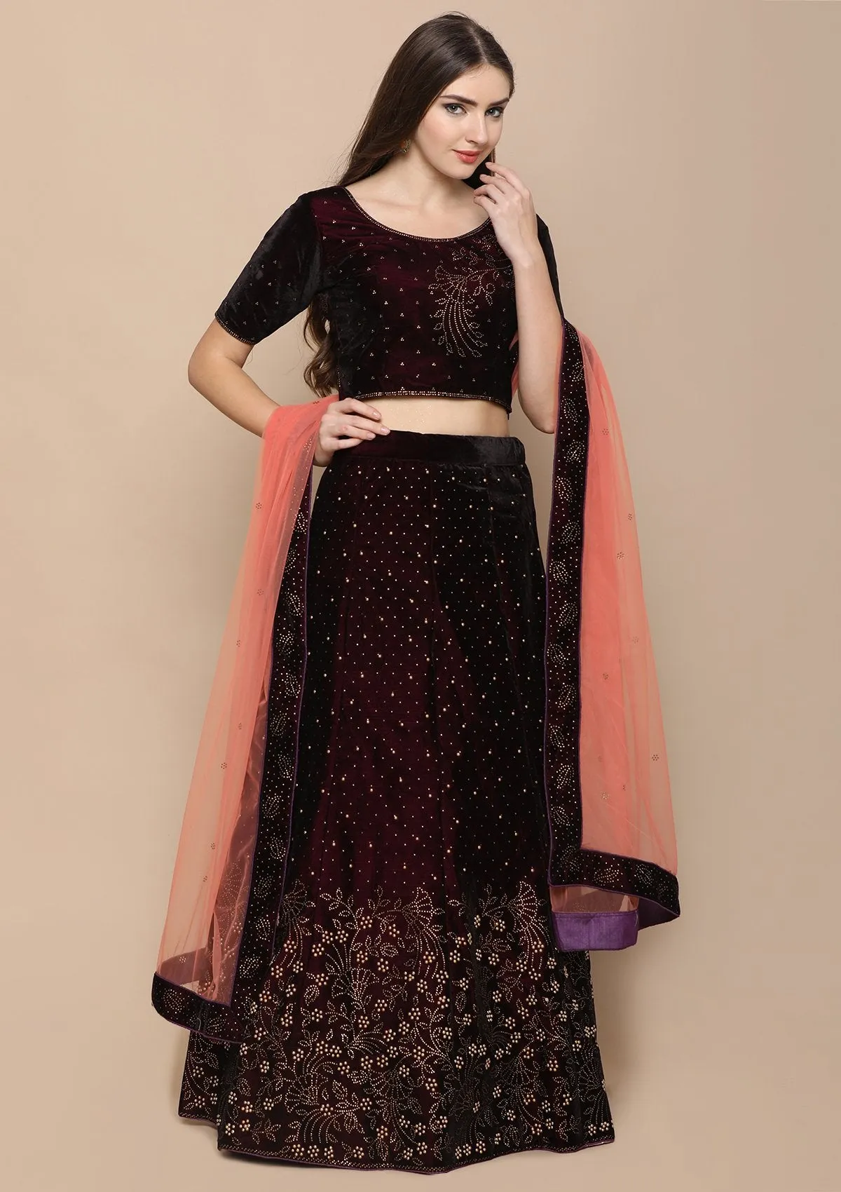 Wine Red Stone Work Velvet Semi Stitched Lehenga