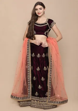 Wine Red Stone Work Velvet Semi Stitched Lehenga